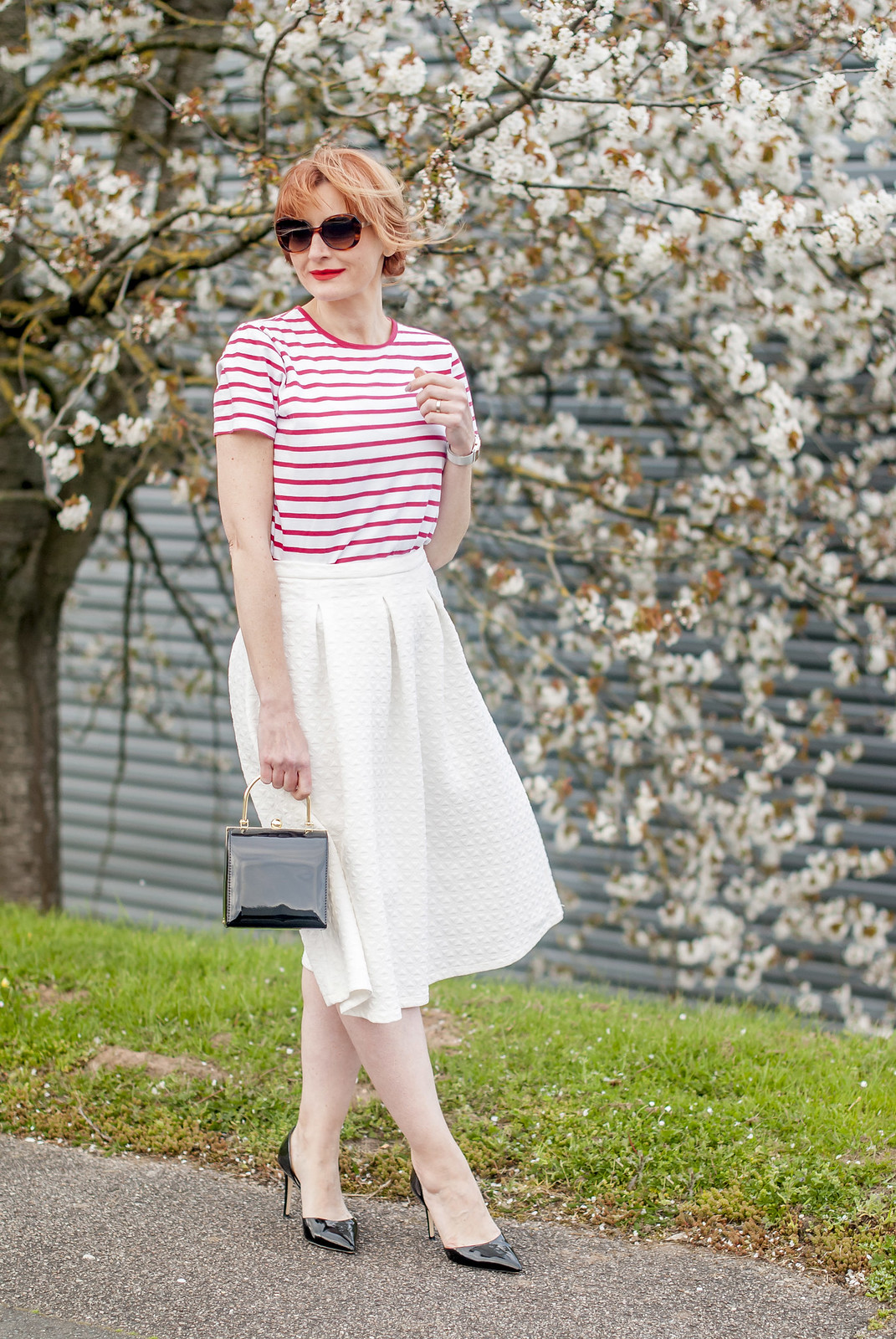 Perfect spring outfit: Red Breton stripe t-shirt \ white full midi skirt \ black d'Orsay patent heels \ tortoiseshell sunglasses \ black box handbag | Not Dressed As Lamb