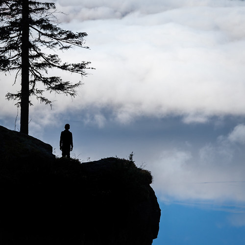 boy cliff mist tree silhouette rock vertical clouds square alone looking view squareformat height steep overview bsquare steinsfjorden mørkgonga