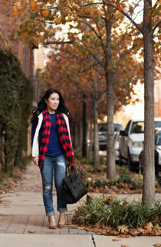 cute & little blog | lululemon white puffer quilted vest, gap buffalo plaid scarf, express stella distressed jeans, leopard pumps, celine luggage tote outfit