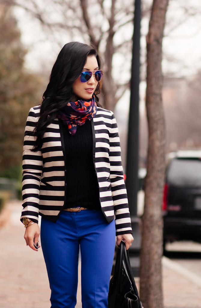 cute & little blog | striped blazer, banana republic cobalt ankle pants, navy leaves scarf | br sloan pants review