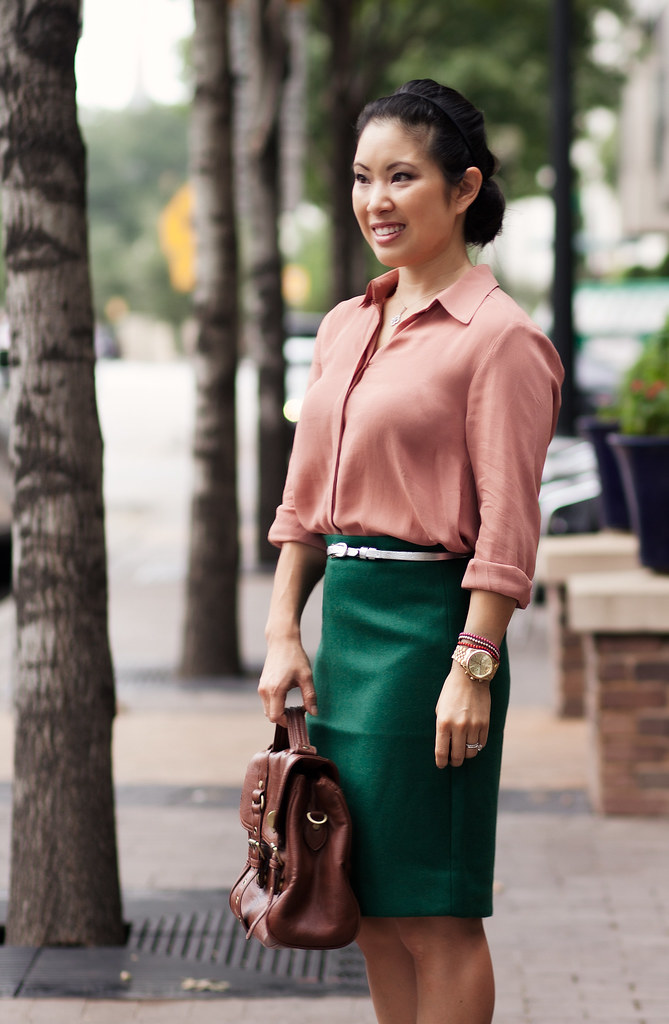 pink chiffon shirt, green pencil skirt, silver belt, pewter gray shoes outfit #ootd