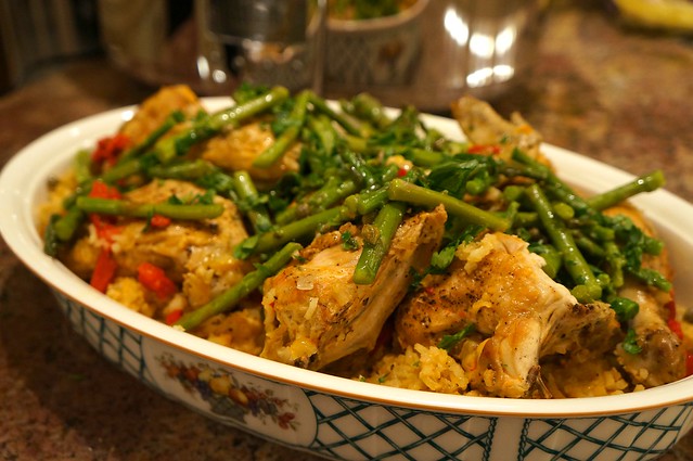 Slow Cooker Chicken with Saffron Rice and Warm Asparagus Salad