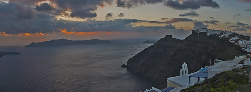 panorama sky sunset island clouds volcano sea santorini oia cyclades greece aegean view