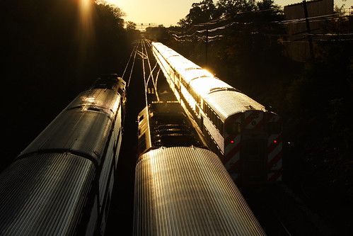 railroad sunset chicago train illinois highlands il signals commuter orangesky passenger metra meet bnsf westbound glint eastbound downersgrove hinsdale paulnash tintedsky