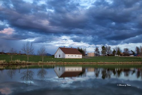 structure barn buildings farm trees clouds reds sky stormclouds reflections lake bozeman montana usa scenery scenic landscape landscapes outdoors water lens