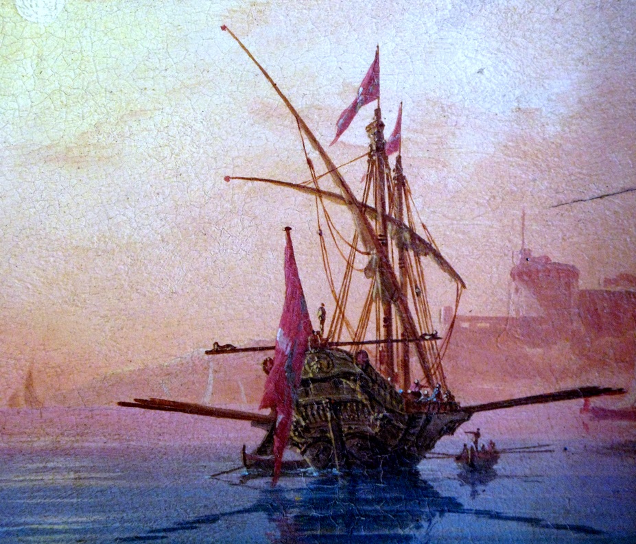 Galera llegando a puerto. Obra de Charles-François Grenier de Lacroix (1765)