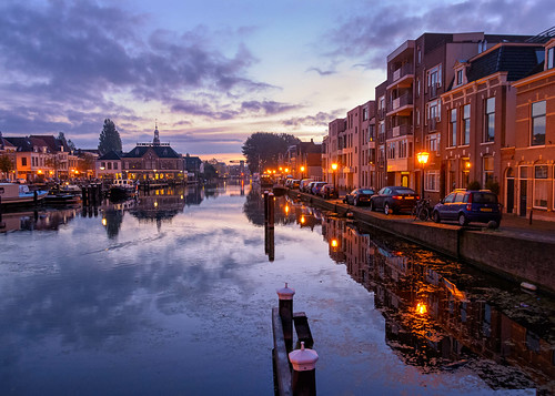 bluehour leiden netherlands thenetherlands architecture autumn boat canals city cityscape fall harbor port reflection ship ships street sunrise tourism travel water zuidholland nederland