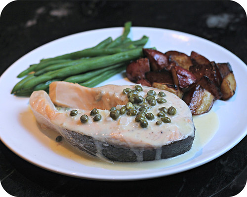 Steamed Salmon Steak with Caper Butter Sauce