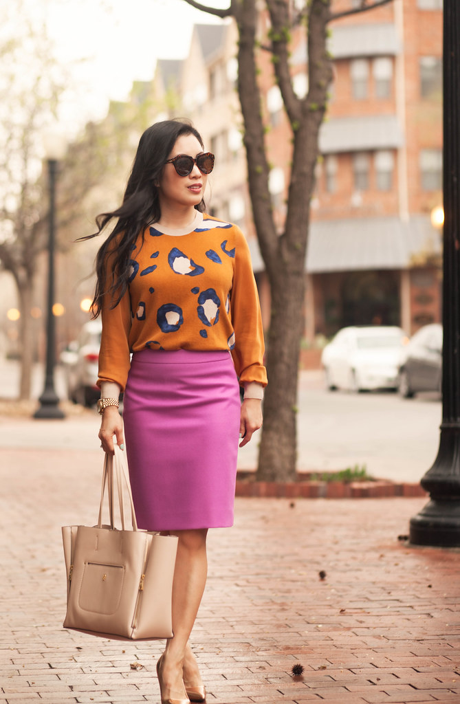 cute & little blog | petite fashion | peter lim x target leopard shirt, pink pencil skirt, gold pumps, nude tote | colorful spring outfit
