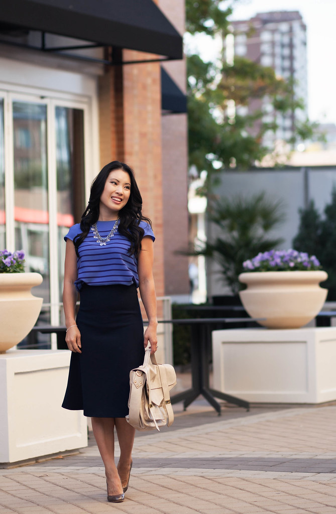 cute & little blog | monochromatic blues | striped shirt, navy midi skirt outfit