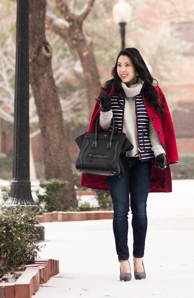 cute & little blog | red coat, striped vest, gray cowl sweater, leather gloves | winter cold weather layers outfit