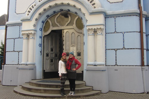 Emily and Abbie on the steps of a church