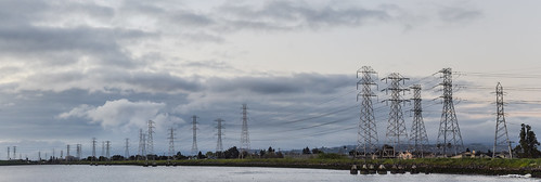 bayarea california nikon d810 color march spring 2017 boury pbo31 coyotepoint park sanmateo sanmateocounty sunrise sky gray over bay pge moraga sanmateosubstation panoramic large stitched panorama powerlines baytrail clouds shoreview