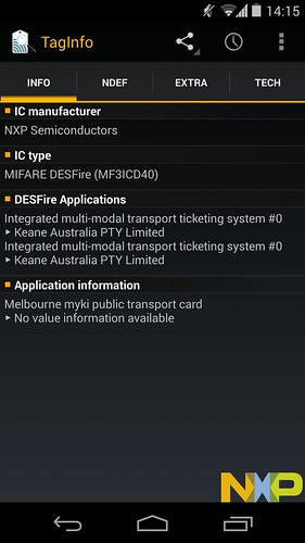 Myki card seen on an NFC mobile phone, using NXP TagInfo Android App