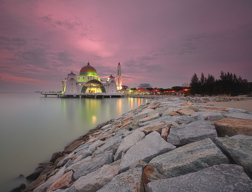 sunset sea architecture night dawn design rocks cloudy dusk muslim islam culture mosque calm arabic malaysia straits melaka masjid malacca causeway selat