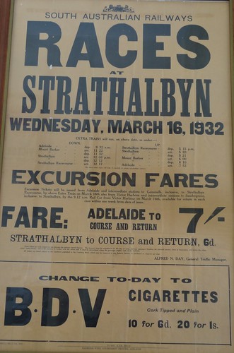 South Australian Railways  SAR poster for day trips to Strathalbyn Races in 1932. Includes timetable.