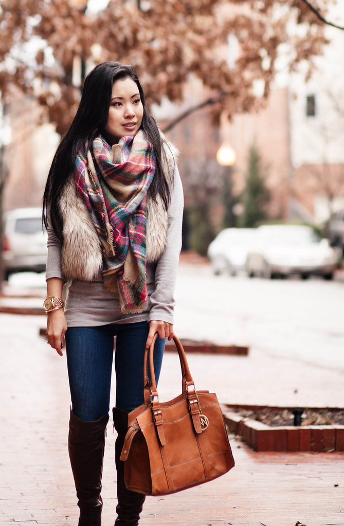 cute & little blog | plaid scarf, fur vest, skinny jeans, michael kors bromley over the knee otk boots | winter outfit layering
