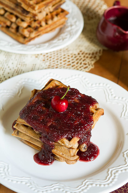 Malted Chocolate Chip Waffles with Maple-Cherry Sauce