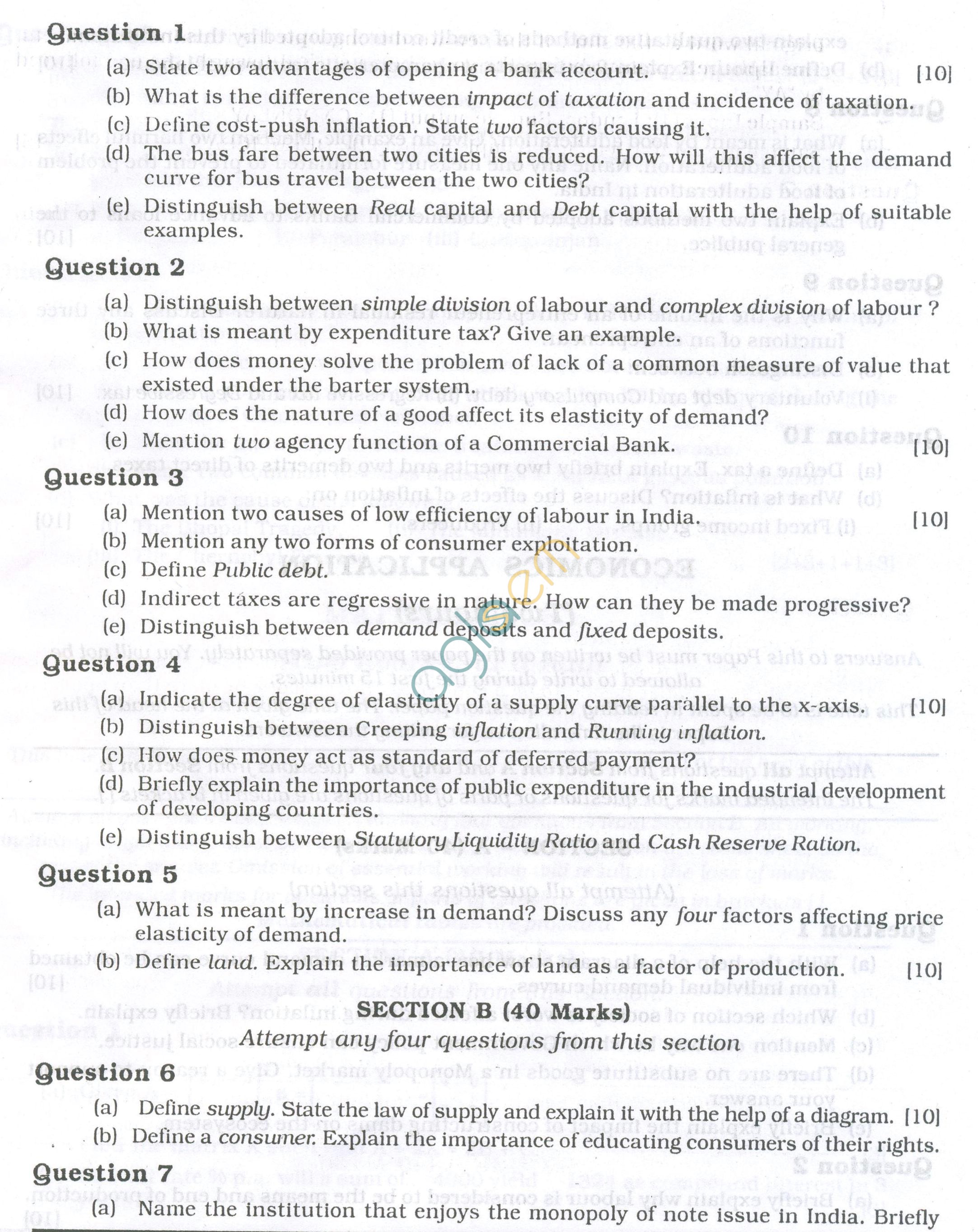 ICSE Question Papers 2013 for Class 10 - Economics/