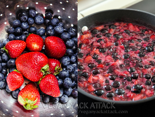 Left pic: raw berries in colander, Right pic: simmering berries in pan