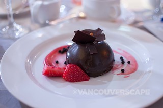 2014 FWE Gala/chocolate mousse dome, sparkling rocks, strawberry champagne coulis