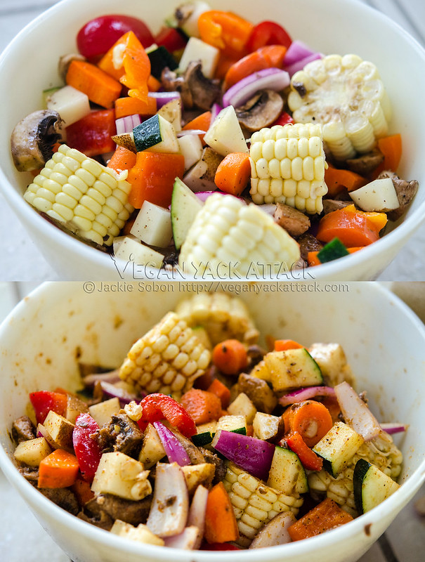 Image collage of bell pepper, zucchini, red onion, corn, carrots, and mushrooms being tossed together in a spice mix