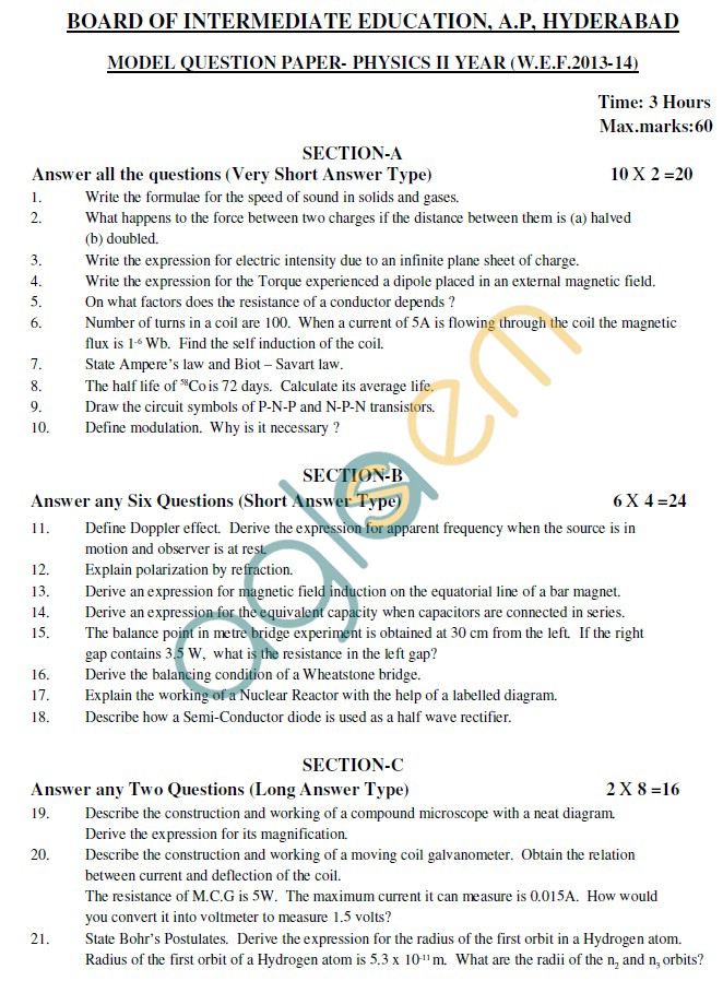 AP Board Intermediate II Year Physics Model Question Paper