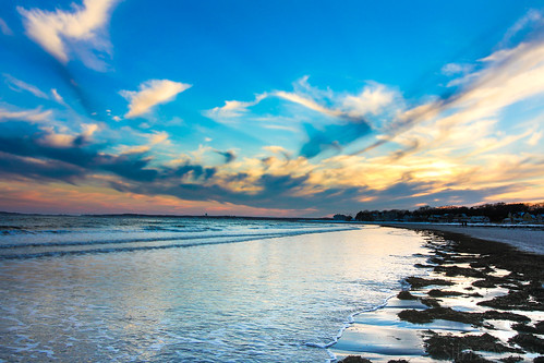 goose rocks beach maine coast water ocean shore sea sun sunset light bright sky blue pink clouds