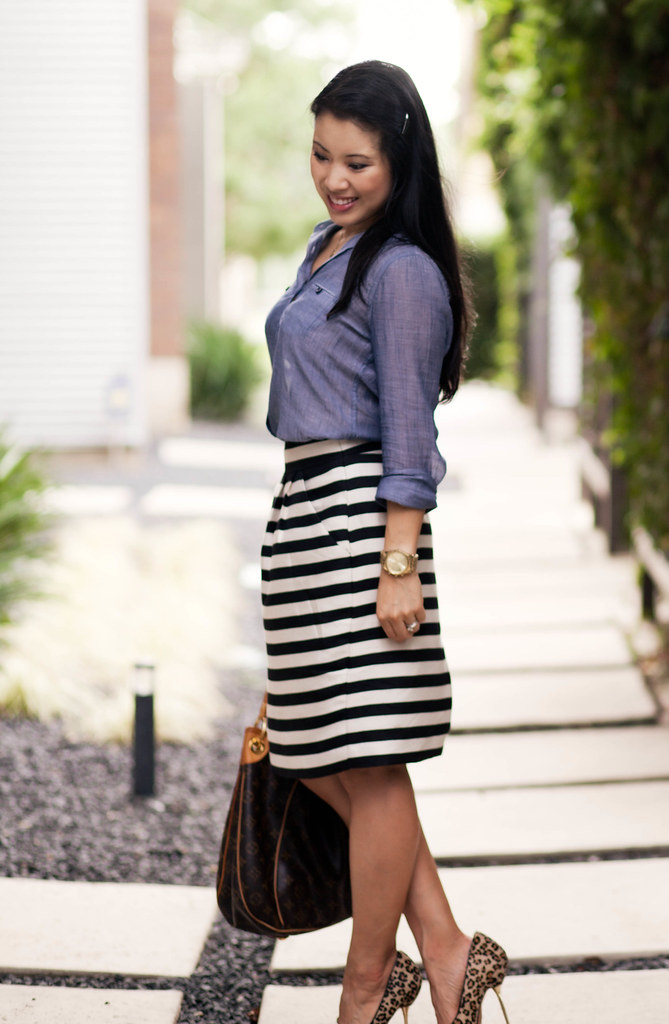 chambray denim shirt, black white striped skirt, leopard print pumps, louis vuitton galliera, outfit