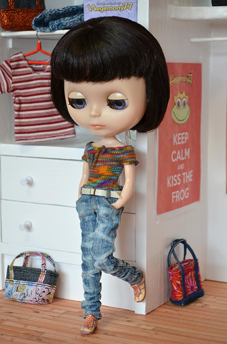 Blythe doll in hand washed jeans pants and hand knitted top