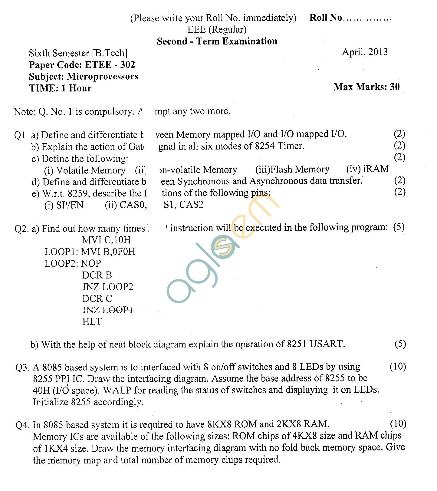 GGSIPU Question Papers Sixth Semester  Second Term 2013  ETEE-302