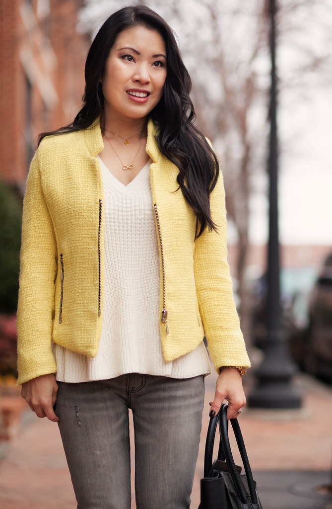 cute & little blog | yellow boucle blazer, white knit flutter sweater, gray skinny jeans, layered dainty necklaces | fall winter layers outfit