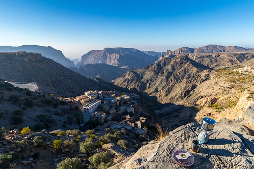 oman sayq mountain breakfast landscape sunrise tea pot dates village