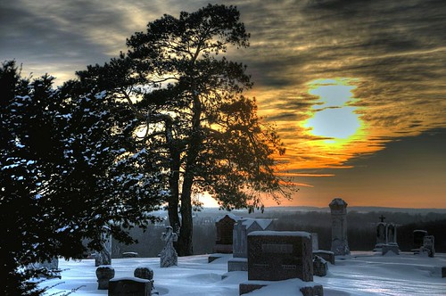 trees winter sunset sky cemeteries snow weather wisconsin sundown graveyards graves hdr partlycloudy rubicon dodgecounty nikond90 blinkagain stbartholomewcemetery