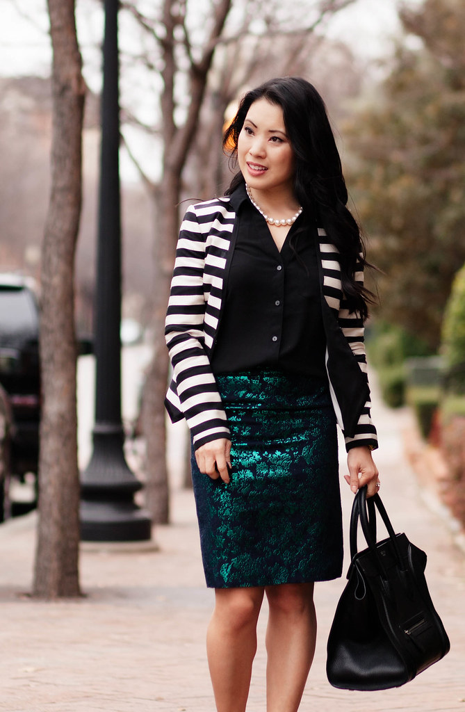 cute & little blog | pattern mixing outfit | striped blazer, floral brocade skirt, black silk shirt, pearl necklace