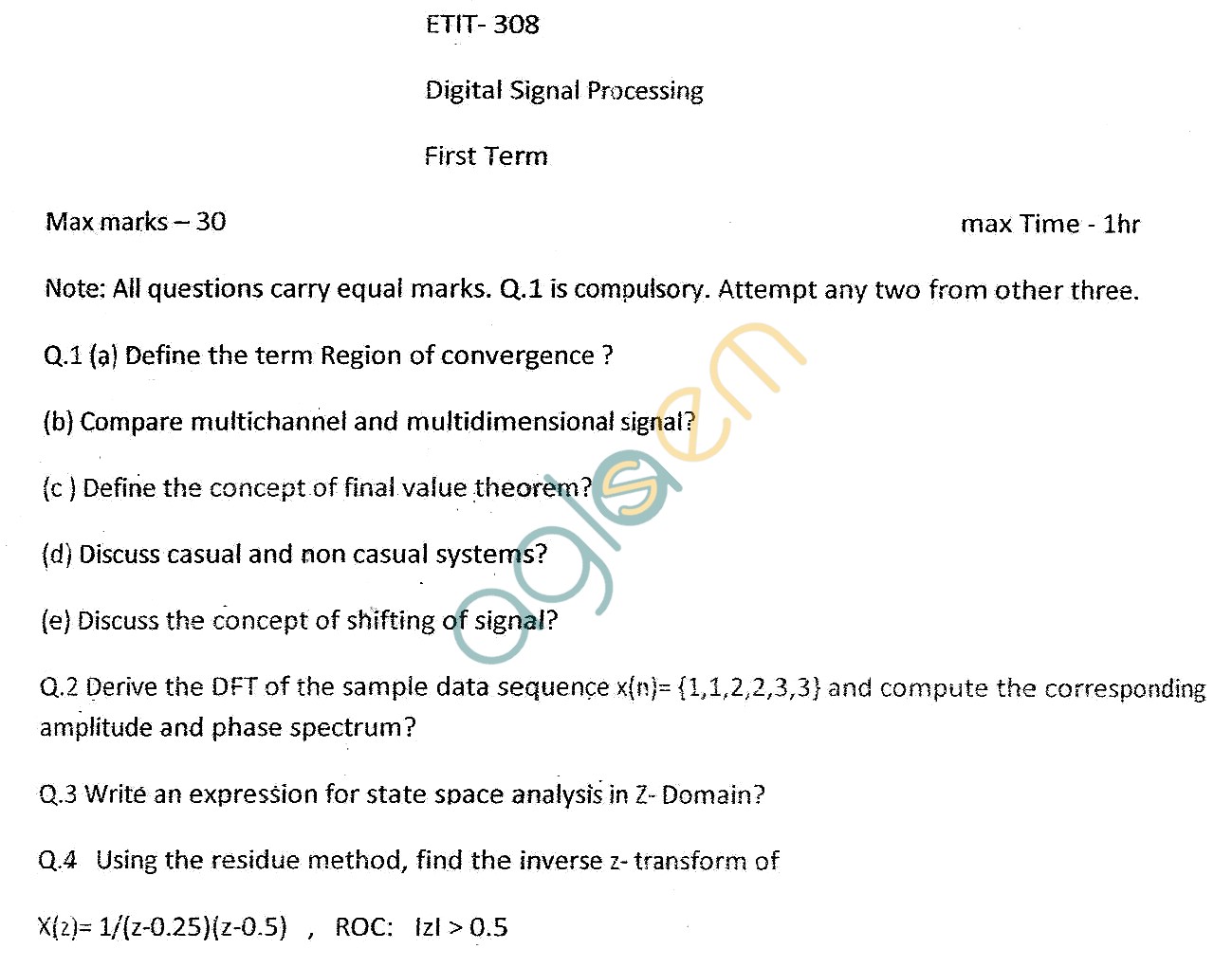 GGSIPU Question Papers Sixth Semester  First Term 2013  ETIT-308