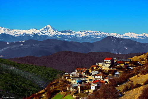 blue trees sky mountain green colorful village damavand peak mazandaran sari slope konim