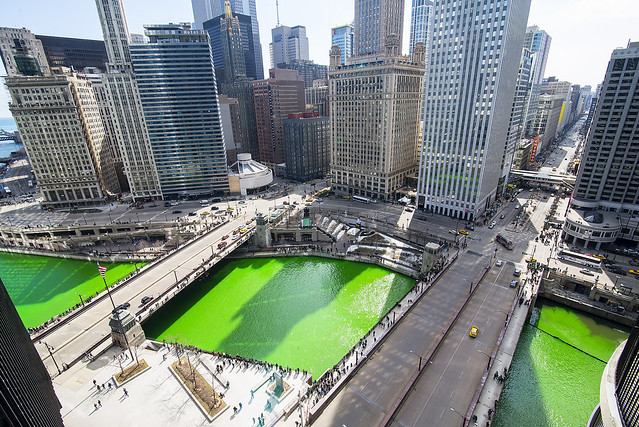 "Chicago Green River" photo from Jeff Lewis. For St. Patrick's Day, Chicago's main waterway turns bright green from the annual dye-adding tradition on March 15, 2014, which precedes the city's holiday parade.