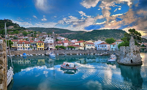 nafpaktos lepando greece hellas boats sunrise clouds sky port reflections castle lighthouse sea water