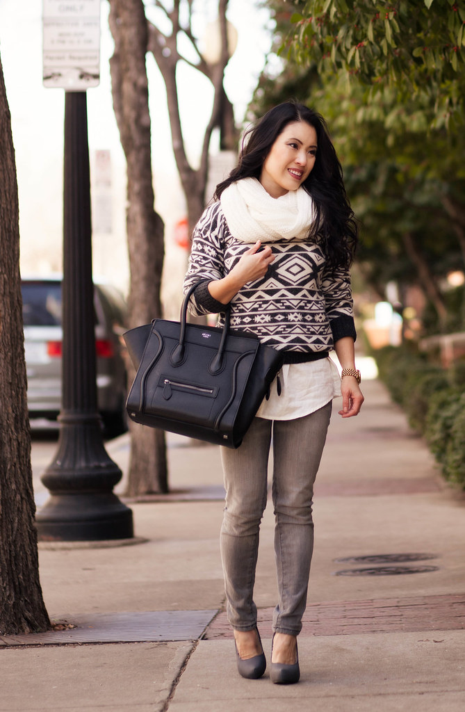 cute & little blog | shades of gray | white infinity scarf, aztec sweater, white shirt, gray skinny jeans | winter outfit
