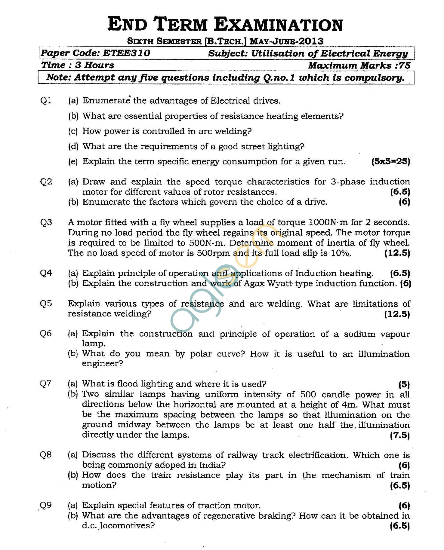 GGSIPU Question Papers Sixth Semester – End Term 2013 – ETEE-310
