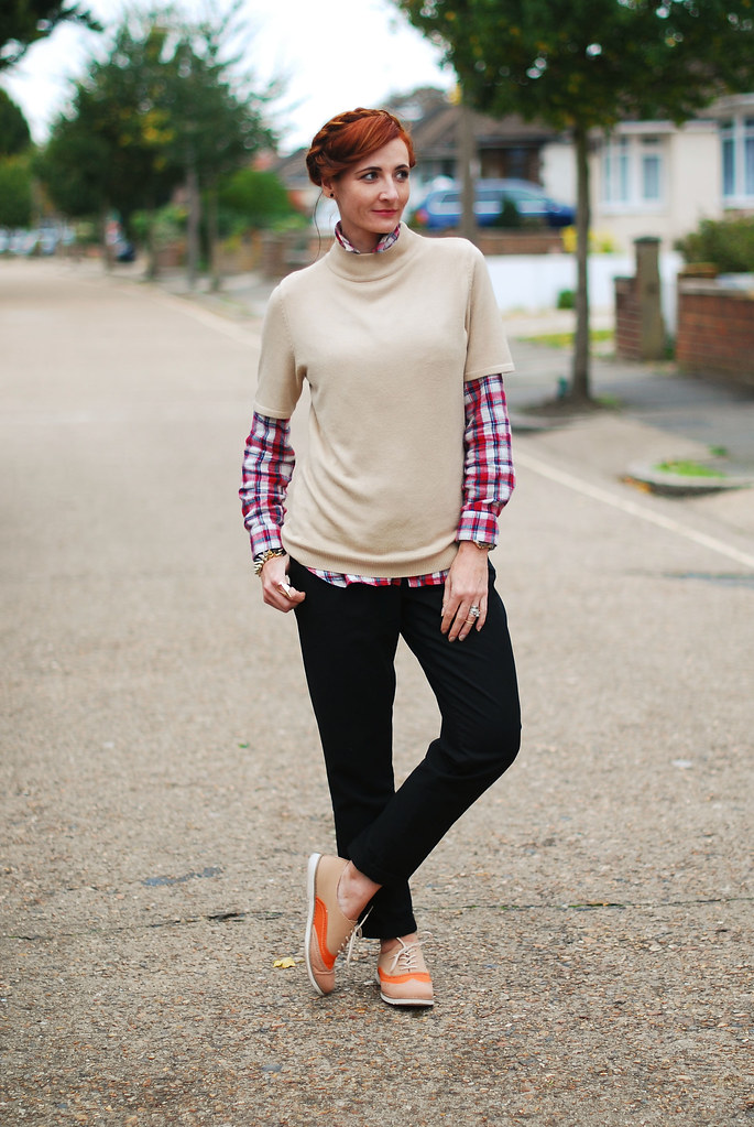 Casual autumn dressing: Taupe sweater, check shirt & black peg leg pants