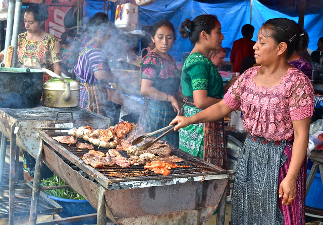 grilled meat, chorizo and longaniza guatemalan street vendor