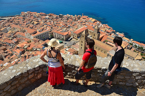 trip sea summer people italy panorama woman men rooftop architecture tile coast town san mediterranean tour looking view cathedral hill tourist hike medieval tourists roofs sicily outlook visitors salvatore roofing cefalu cefalù cifalù