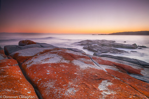 red sunrise fire rocks australia tasmania binalongbay firerocks mistywater landscapearoundtheworld