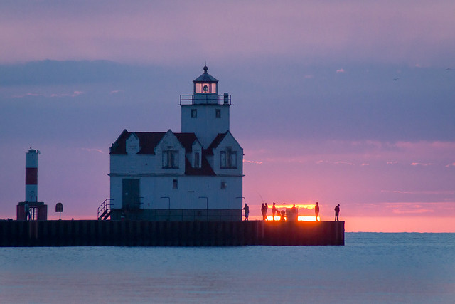 Blue, Lighthouse, Lake Michigan, Sunrise, Fishermen