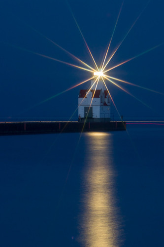 Lighthouse, Night, Lake Michigan, Kewaunee, Light, Star, Reflection