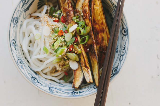 Roasted eggplant + noodles with Chinese black vinegar dressing (gluten-free + vegan)