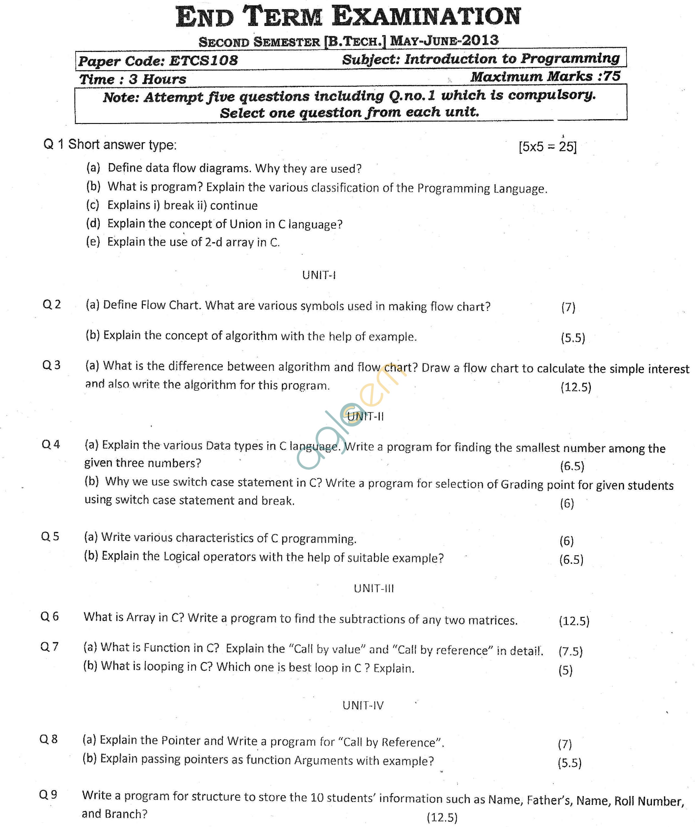 GGSIPU Question Papers Second Semester – End Term 2013 – ETCS-108