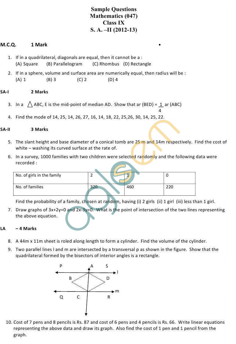 Cbse Sample Papers For Class 9 Sa2 Mathematics Aglasem Schools 